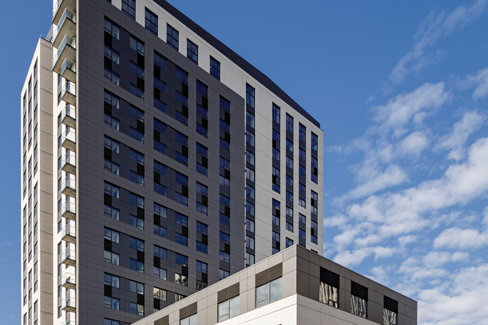 Exterior of Aster Tower luxury apartment building in Portland, Oregon